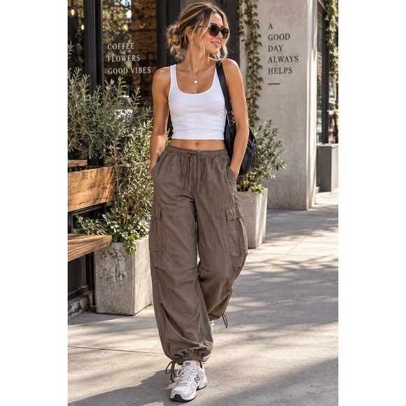 American Eagle Outfitters Pants - American Eagle Brown Cargo Parachute Pants Baggy Utility Y2K Size M